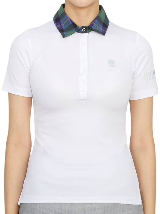 Women's Golf Logo Tech Tartan Neck Short Sleeve PK Shirt White - HYDROGEN - BALAAN 2