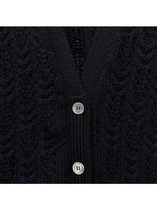 Women's 4 Bar V-neck Cable Merino Wool Cardigan Navy - THOM BROWNE - BALAAN.