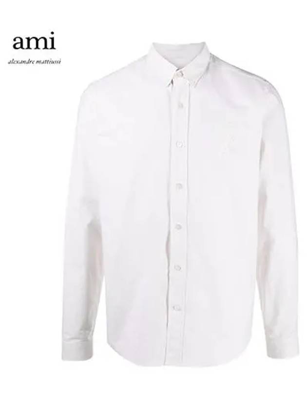 Men's Big Heart Embroidered Logo Oxford Long Sleeve Shirt White - AMI - BALAAN 2