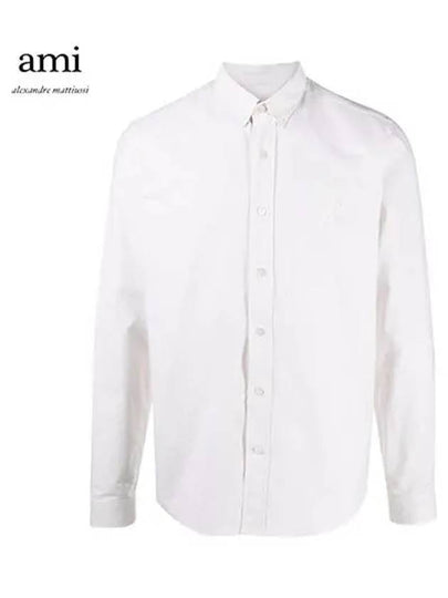 Men's Big Heart Embroidered Logo Oxford Long Sleeve Shirt White - AMI - BALAAN 2