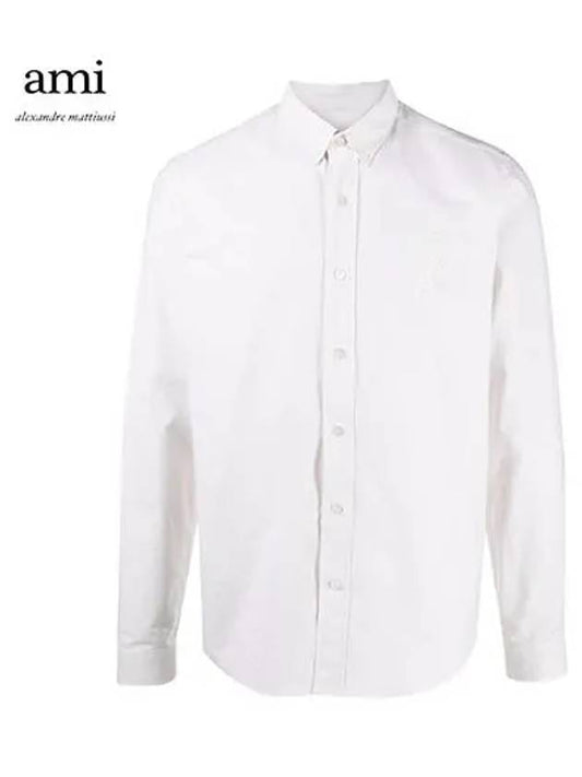 Men's Big Heart Embroidered Logo Oxford Long Sleeve Shirt White - AMI - BALAAN.