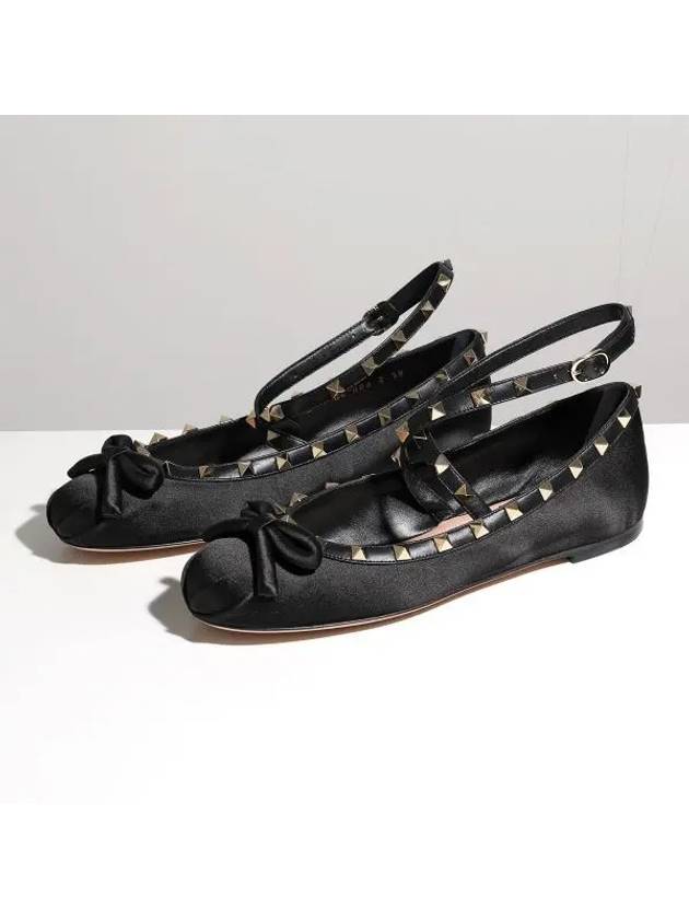 Rockstud Satin Ballerina Flat Shoes Black - VALENTINO - BALAAN 2