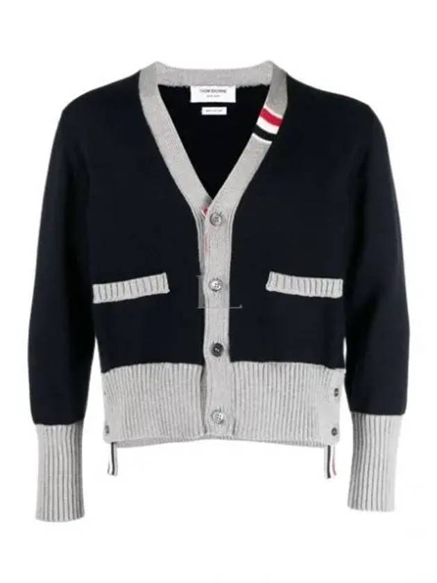 Three Stripe V Neck Cotton Cardigan Navy - THOM BROWNE - BALAAN 2