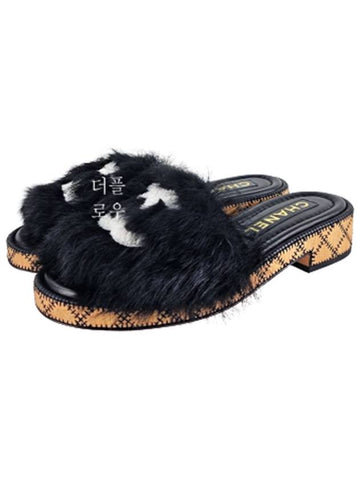 CC Logo Fur Shearling Mule Slippers Black G39357 - CHANEL - BALAAN 1