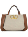 Women's V Logo Signature Canvas Tote Bag Beige - VALENTINO - BALAAN 2