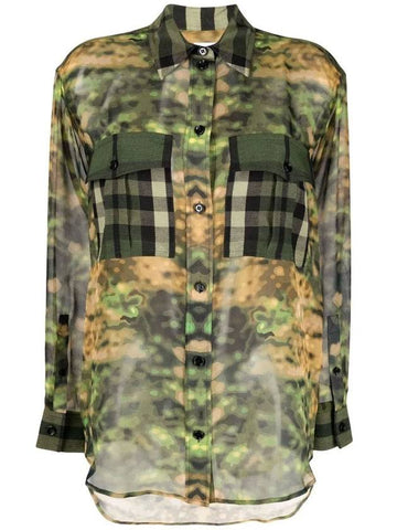 Camouflage Check Flap Pocket Overfit Silk Shirt Green - BURBERRY - BALAAN 1