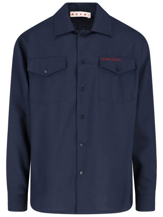 Logo Relaxed Fit Virgin Wool Long Sleeve Shirt Navy - MARNI - BALAAN 2