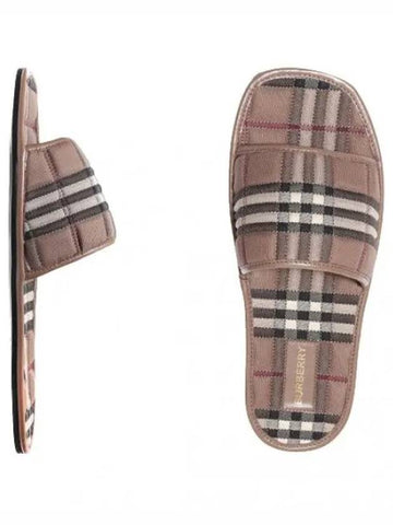 Check Quilted Cotton Leather Slides Women s Slippers - BURBERRY - BALAAN 1