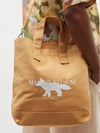 Fox Print Canvas Tote Bag Camel - MAISON KITSUNE - BALAAN.