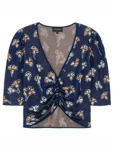 Women s Jacquard Floral Gathered Cardigan Light Navy - EMPORIO ARMANI - BALAAN 1