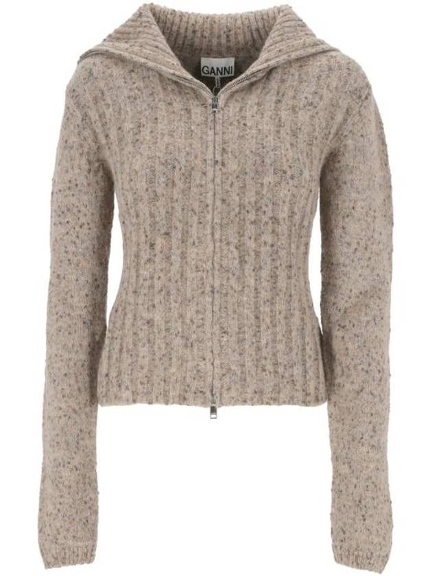 Alpaca Cotton Mix High Neck Zip-Up Cardigan Beige - GANNI - BALAAN 1