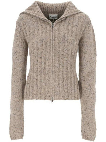 Alpaca Cotton Mix High Neck Zip-Up Cardigan Beige - GANNI - BALAAN 1