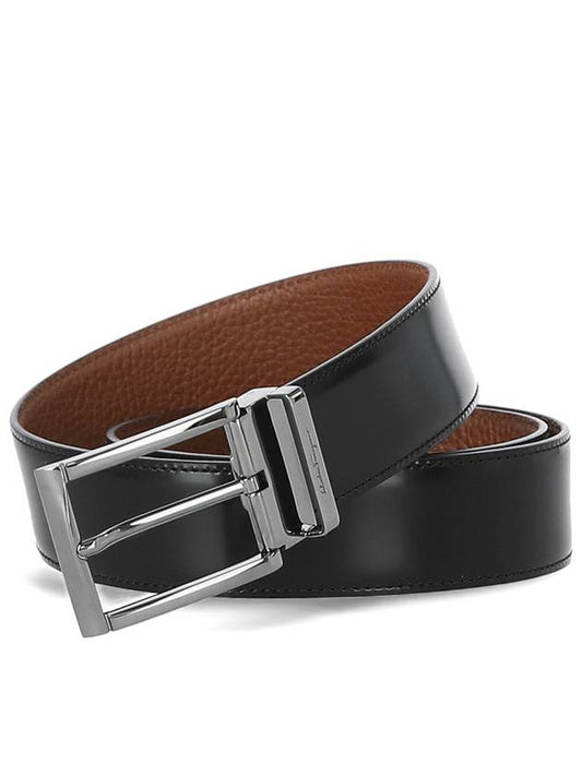 Salvatore Reversible Rectangular Buckle Calfskin Belt Black - SALVATORE FERRAGAMO - BALAAN.