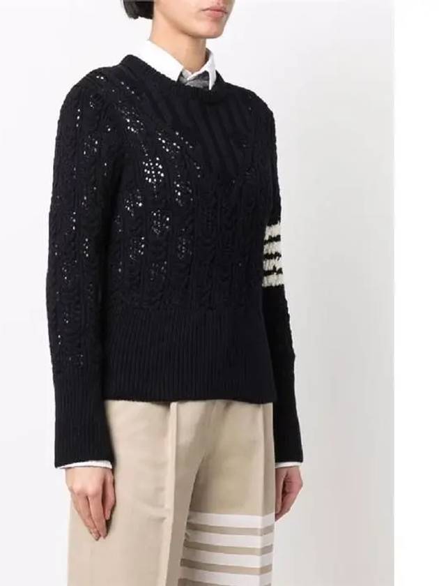 Women's 4 Bar Irish Pointelle Cable Merino Wool Knit Top Navy - THOM BROWNE - BALAAN 5