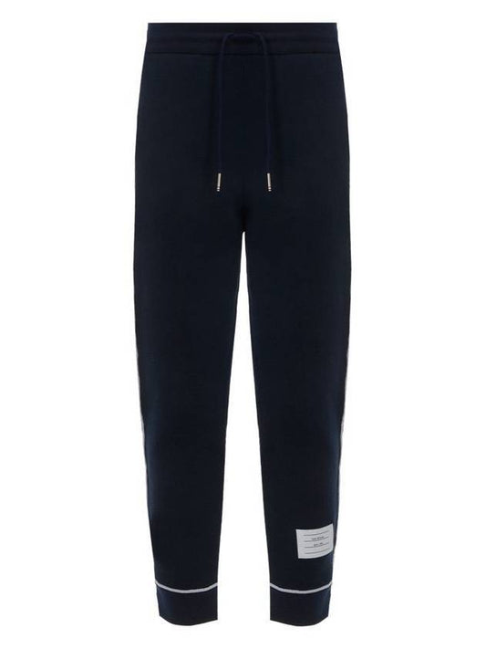 Contrast Cover Stitch Mesh Knit Ribbed Track Pants Navy - THOM BROWNE - BALAAN.