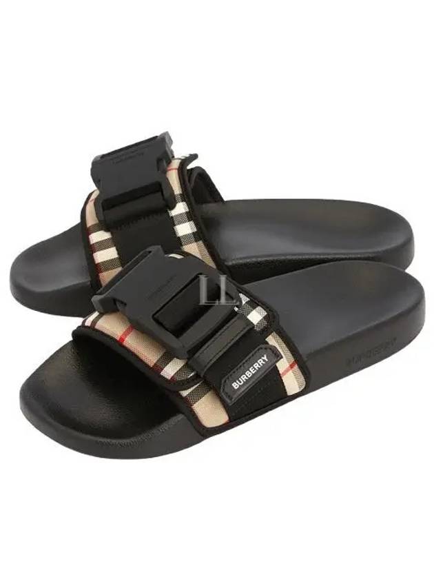 Buckle Strap Vintage Check Cotton Slippers Archive Beige Black - BURBERRY - BALAAN 2