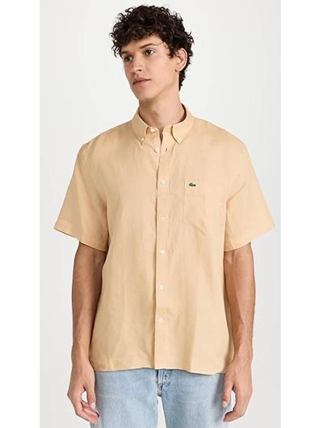 Men's Logo Patch Cotton Short Sleeve Shirt Beige - LACOSTE - BALAAN 2