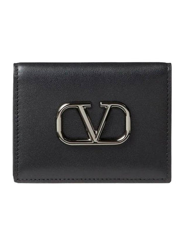 V Logo Signature Leather Card Wallet Black - VALENTINO - BALAAN 1