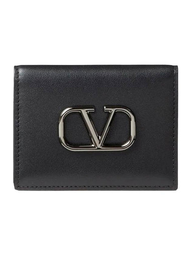 V Logo Signature Leather Card Wallet Black - VALENTINO - BALAAN 1