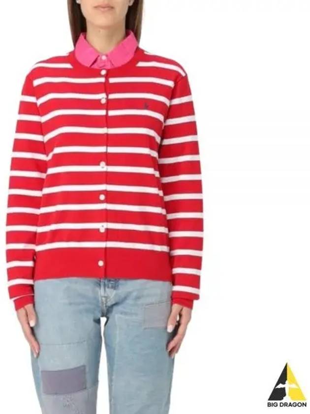 Embroidery  Logo Striped Crew Neck Cardigan Red - POLO RALPH LAUREN - BALAAN 2