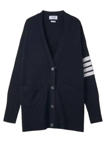 Fine Merino Wool Diagonal Exaggerate Fit V neck Cardigan Navy - THOM BROWNE - BALAAN 1