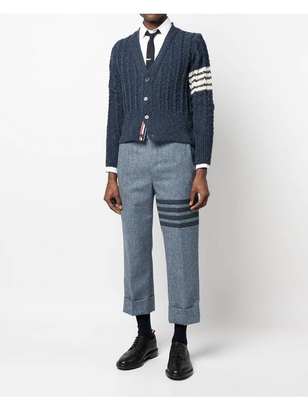 Donegal Twist Cable 4 Bar Classic V Neck Cardigan Blue - THOM BROWNE - BALAAN 6