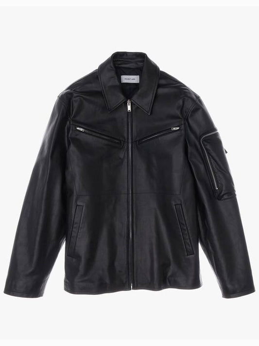 Structure Zipper Leather Jacket Black L06HM102 - HELMUT LANG - BALAAN 1