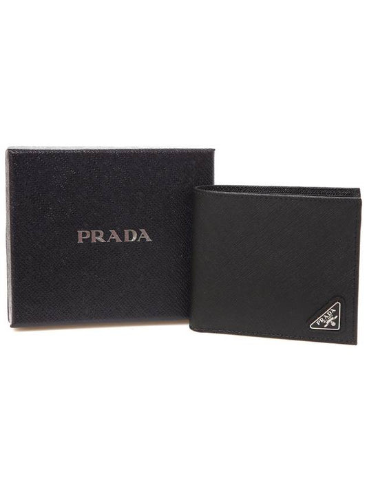 Triangle Logo Saffiano Half Wallet Black - PRADA - BALAAN 2