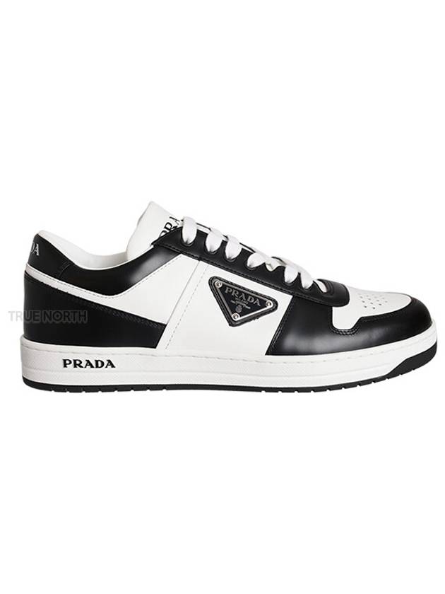 Men's Downtown Triangle Logo Leather Low Top Sneakers Black White - PRADA - BALAAN 2