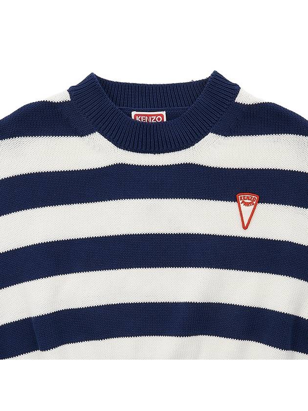 Logo Patch Striped Crop Cotton Knit Top White Navy - KENZO - BALAAN 4