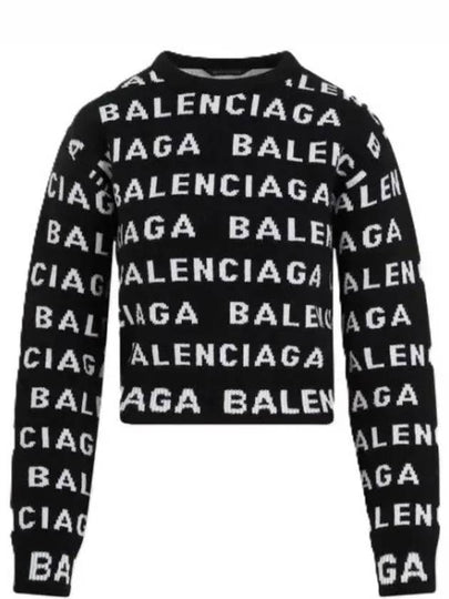 Intarsia All-Over Logo Crew Neck Knit Top Black - BALENCIAGA - BALAAN 2