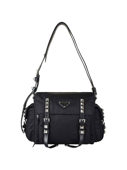 Triangular Logo Nylon Stud Bella Shoulder Bag Black - PRADA - BALAAN 1