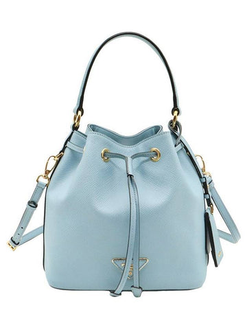 Sky Blue Saffiano Cuir Gold Triangle Logo Bucket 2WAY 1BE032 - PRADA - BALAAN 1