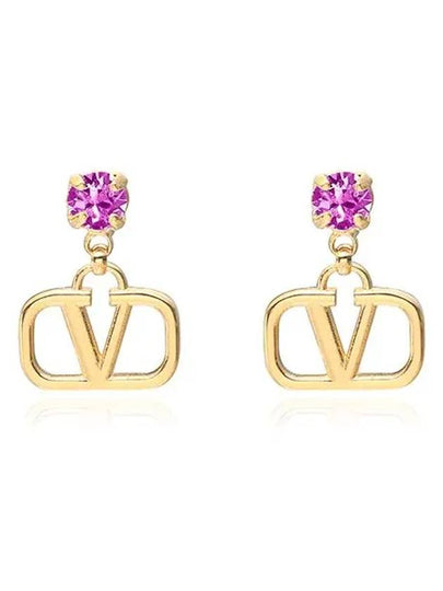 V Logo Crystal Drop Earrings Gold - VALENTINO - BALAAN 2