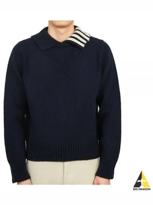 Stitch Donegal Diagonal Polo Collar Pullover Knit Navy MKA449A Y1032 - THOM BROWNE - BALAAN 1