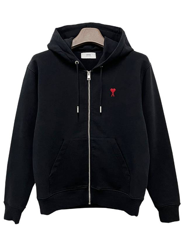 Heart Logo Drawstring Cotton Zip-Up Hoodie Black - AMI - BALAAN 2