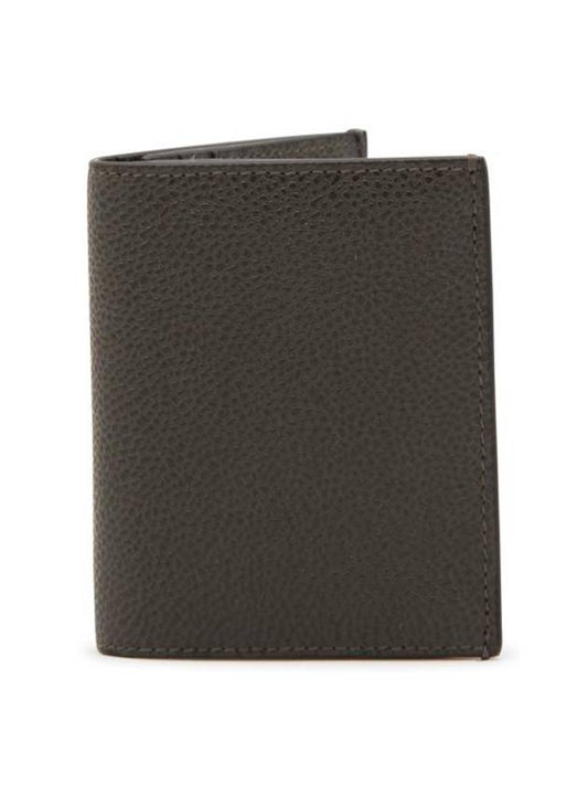 Pebble Grained Leather Double Card Wallet Dark Brown - THOM BROWNE - BALAAN 1