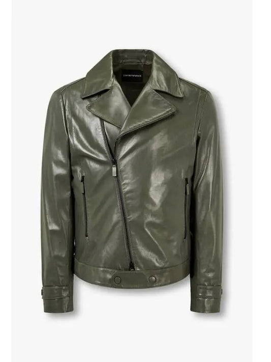 Men s Glossy Leather Biker Jacket Dark Khaki - EMPORIO ARMANI - BALAAN 1