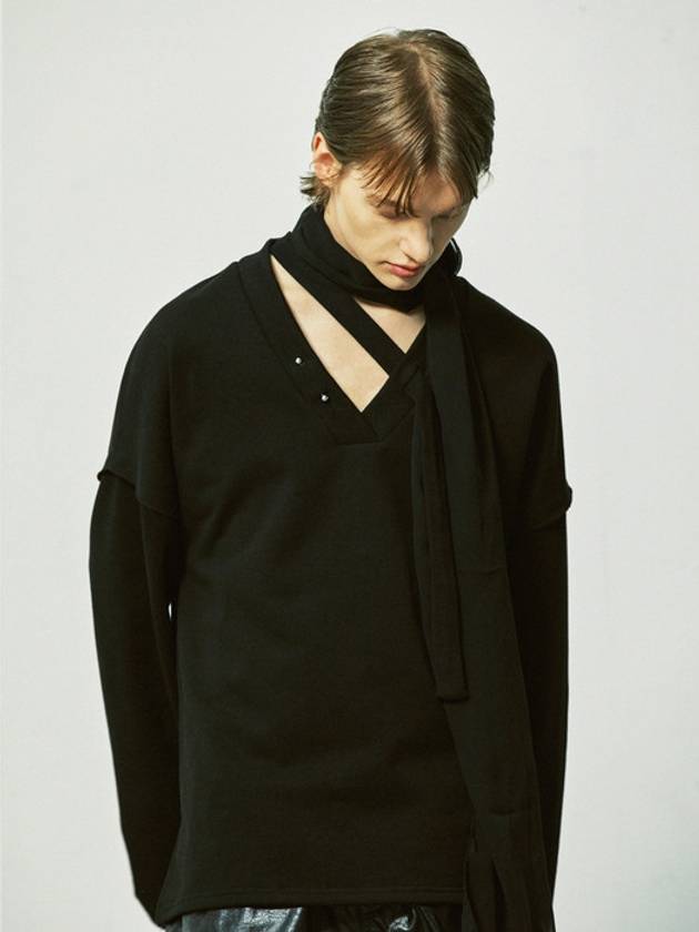 V-neck layered string pierced sweatshirt black - S SY - BALAAN 2