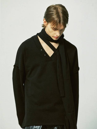 V-Neck Layered String Pierced Sweatshirt Black - S SY - BALAAN 2