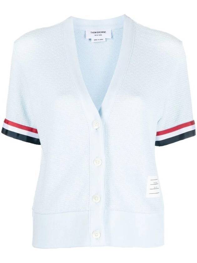 Women's RWB Striped Short Sleeve Cardigan Light Blue - THOM BROWNE - BALAAN 1