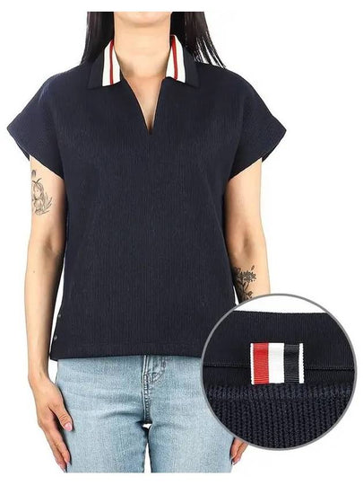 Women's Cricket Stripe Lightweight Cotton Short Sleeve Polo Shirt Navy - THOM BROWNE - BALAAN 2