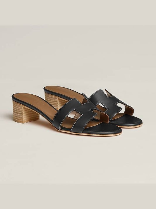 Oasis Calfskin Slipper Heels Noir Piqures Ecrues - HERMES - BALAAN 2