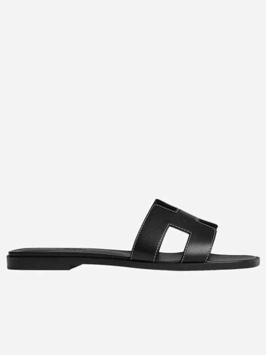 Oran Calfskin Slippers Noir Piqures Ecrues Black - HERMES - BALAAN 2