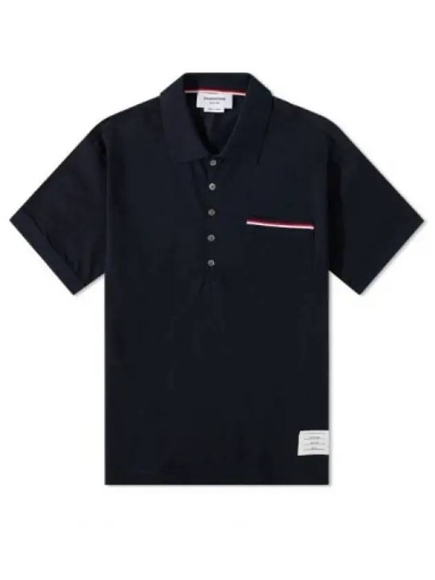 Men's Three Stripes Pocket Mercerized Short Sleeve Polo Shirt Navy - THOM BROWNE - BALAAN 2