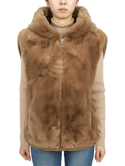 State Bunny Fur Hooded Vest Brown - MOOSE KNUCKLES - BALAAN 2