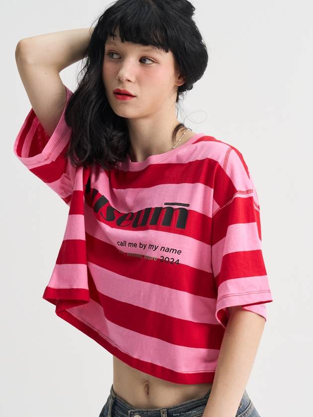 Stripe Crop Loosefit Half Sleeve T Shirt Pink - SORRY TOO MUCH LOVE - BALAAN 5