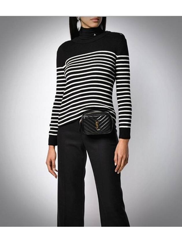 Shoulder Button Striped Cotton Wool Knit Top Black - SAINT LAURENT - BALAAN.