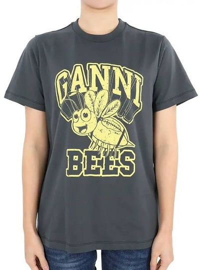 Bee Logo Print Cotton Short Sleeve T-Shirt Grey - GANNI - BALAAN 2