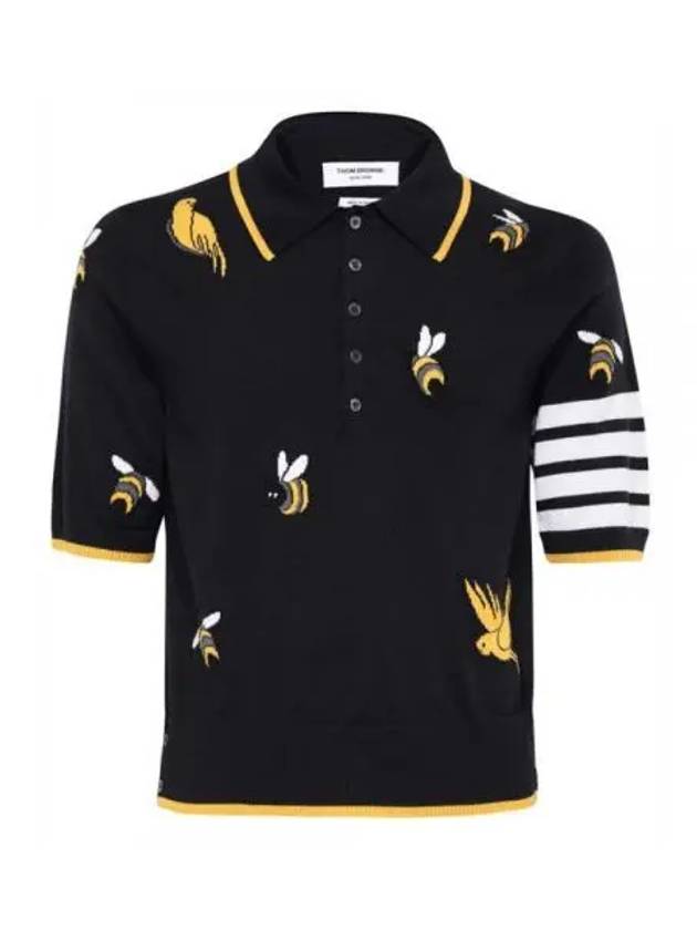 Men's Bird Bee Half Drop 4 Bar Merino Cotton Short Sleeve Polo Shirt Navy - THOM BROWNE - BALAAN 2